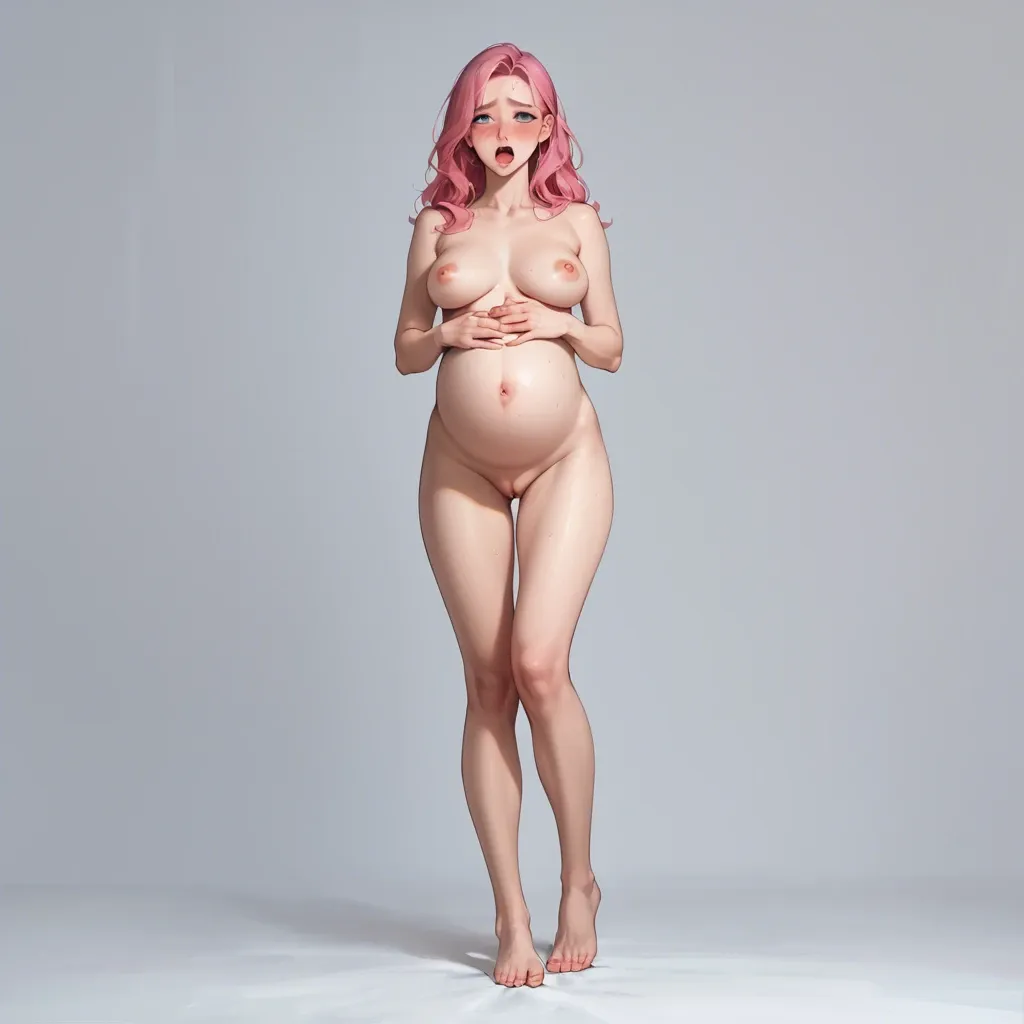 1 solo girl, standing up position, full body view, 20 Years old, embarrassed look, blush, tongue out, pregnant belly, d-cup breast, big blue eyes, long pink hair, naked