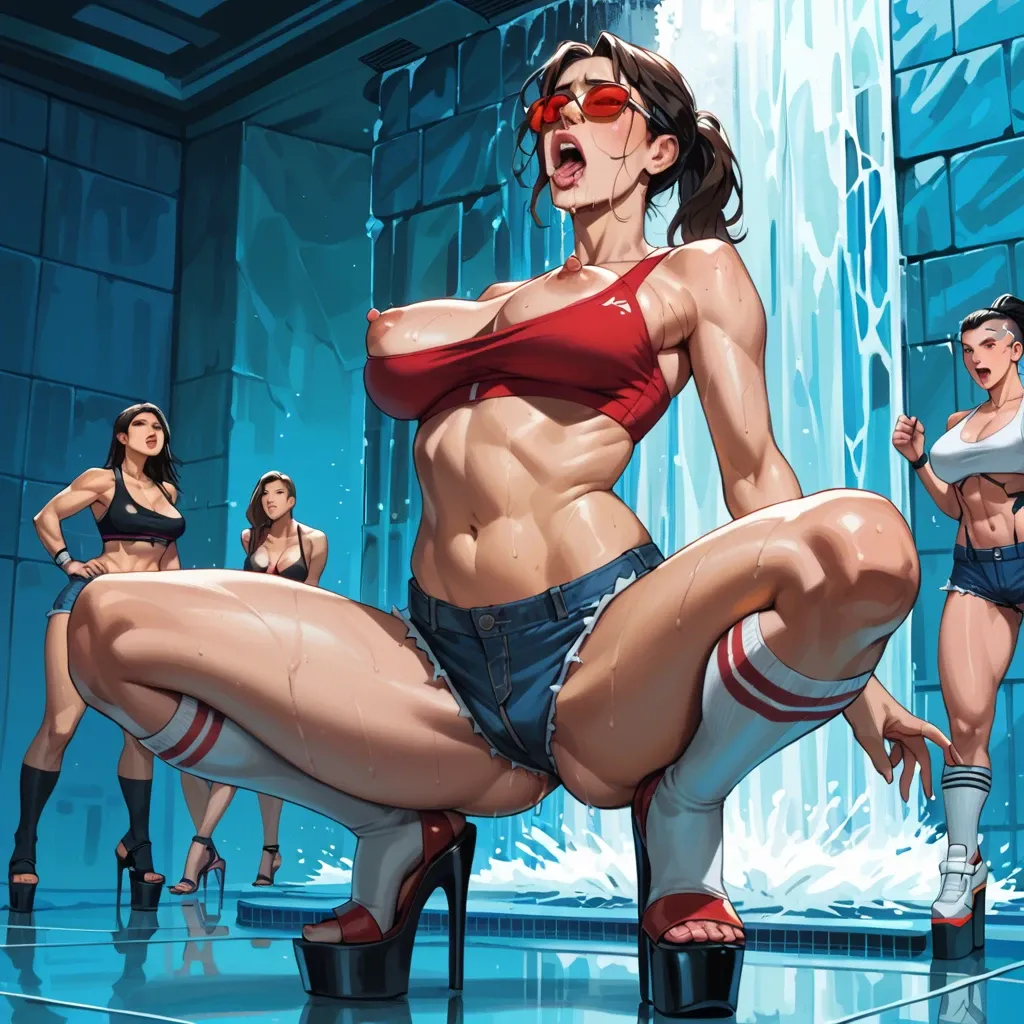 2girl, , , , gaping mouth,arms on breasts,erect nipples,blue background,fat neck, jean hotpants,knee-high socks,red sunglasses,sports bra,platform heels, strip club, waterfall, cyberpunk, smartwatch, girl lara croft