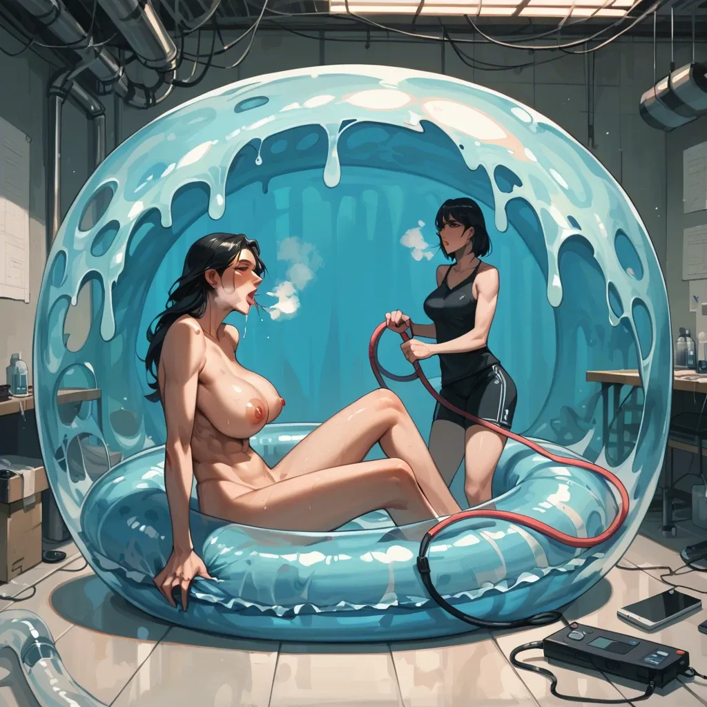 massive cylindrical vat, filled with slime, futanari girl trapped inside vat, hyper cock, breathing tube, female watchers, only girls, researchers, experiment