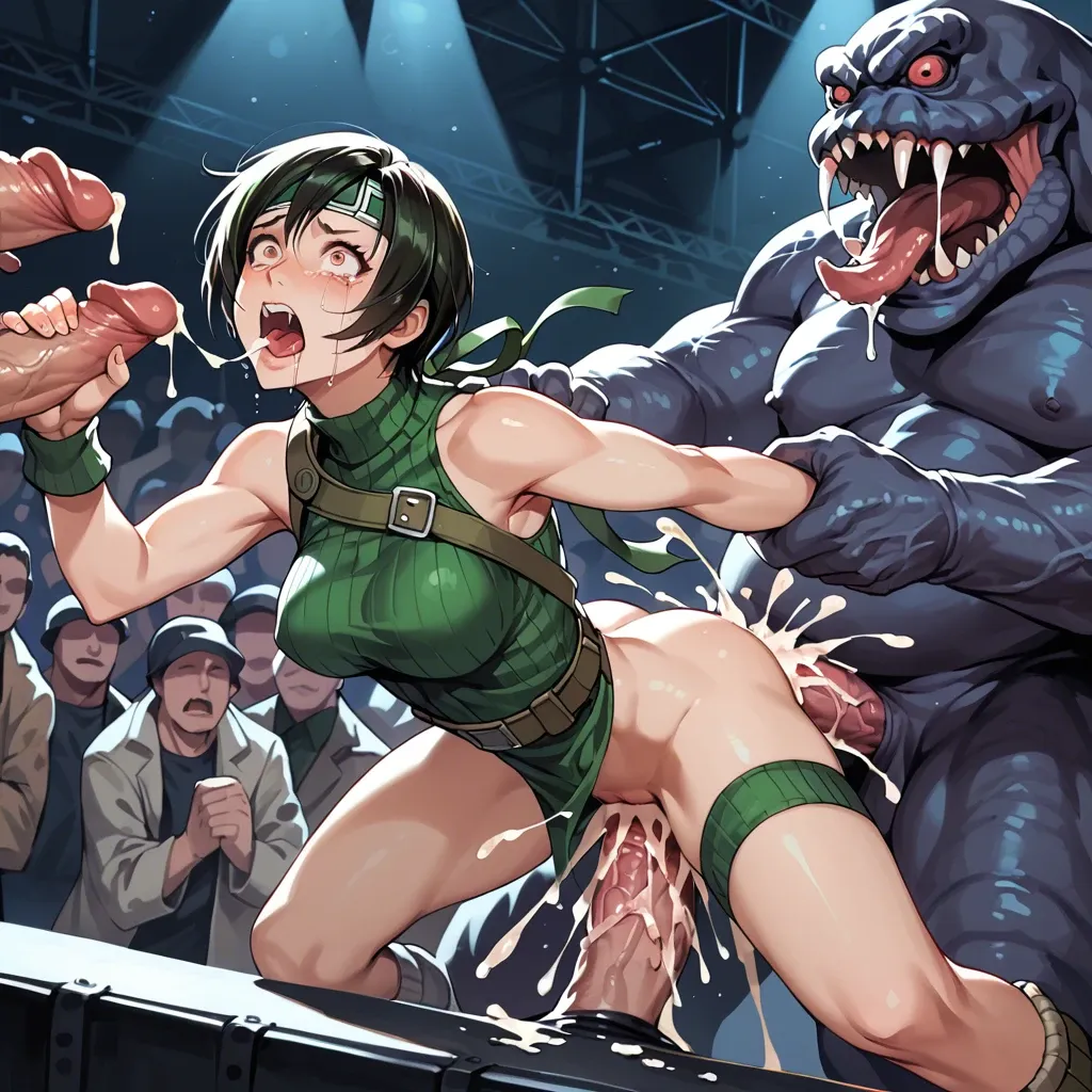 Yuffie from final fantasy 7, on a stage, crowd of people watching, gangbang, double penetration by massive monster cocks, scared face,screaming mouth, scared eyes,crying, cute position, acting like a brat, full of cum on her body, puddles of cum coming from her pussy and anal, blushing a ton, no clothes, fully naked