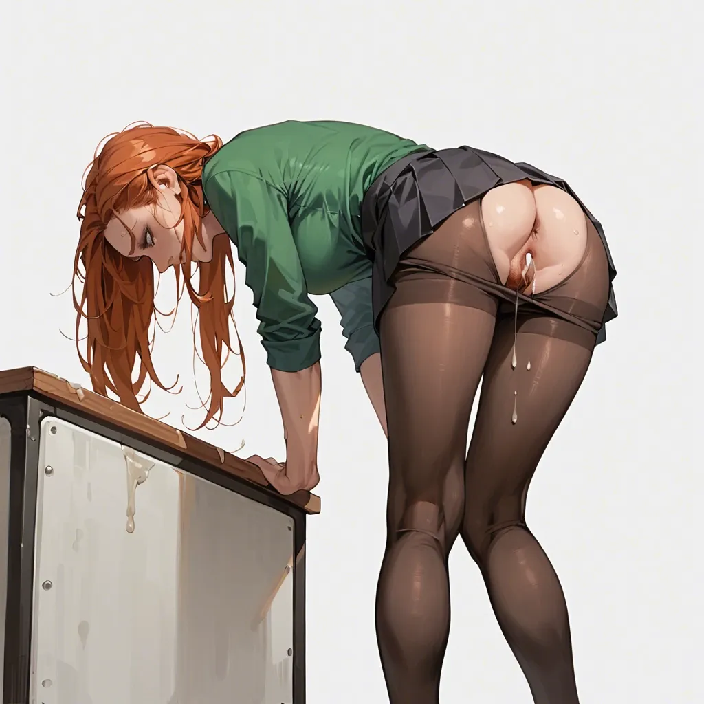 cute redhead college girl wearing tight black skirt, black tights and a green t shirt. showing pussy dripping cum closeup. bent over. lots of pubes