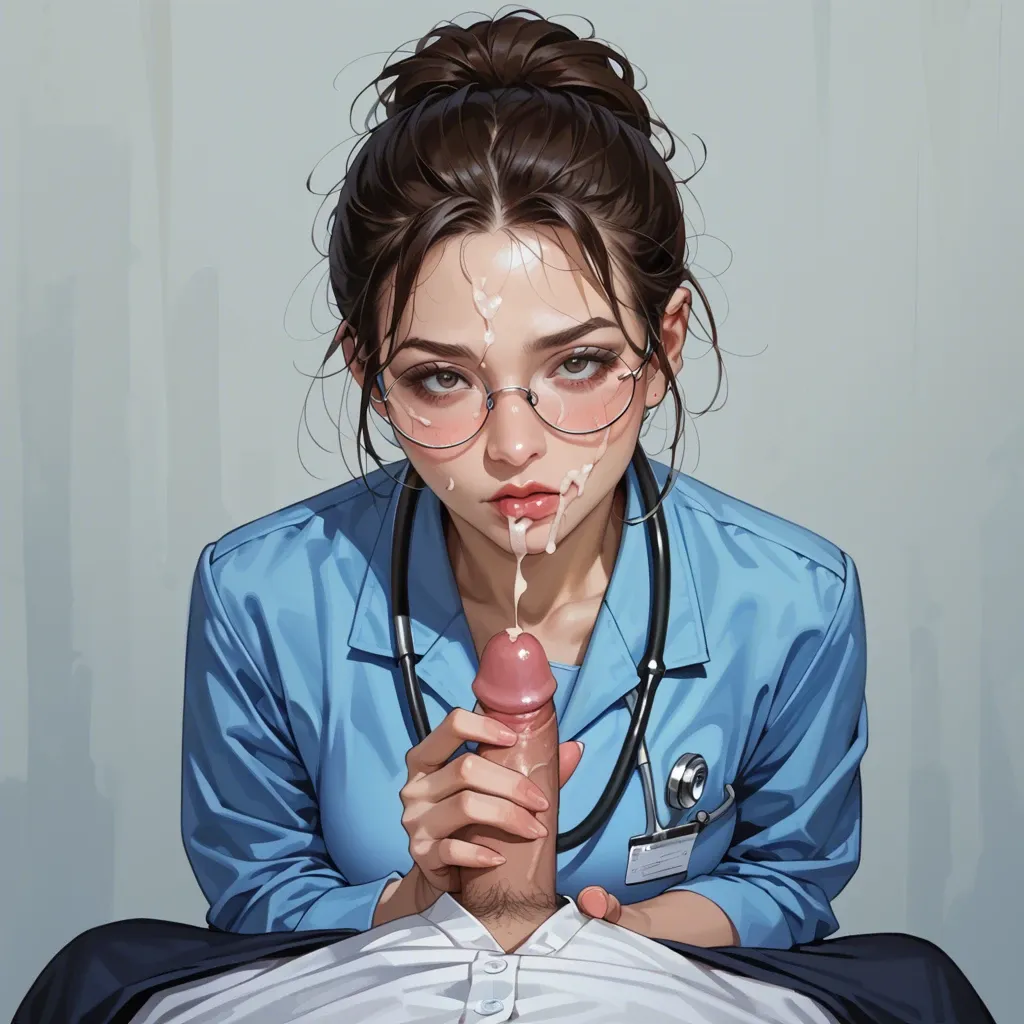 european college girl brunette in blue scrubs, giving handjob, wearing round glasses, a stethoscope. pov. cum on glasses. ultra realistic