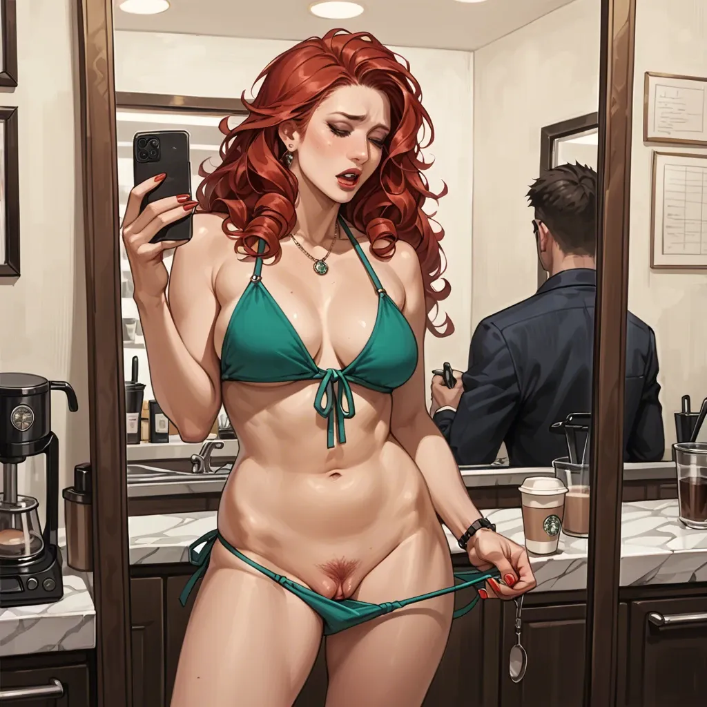 Beautiful sexy plump pale woman in 20s taking a selfie in mirror in coffee stand, very curly long red hair, dressed like a bikini barista, masturbating, detailed vagina, public, intense orgasm, standing up, stealth sex, pussy getting fucked from behind by man, excessive cum, perfect orgasm face