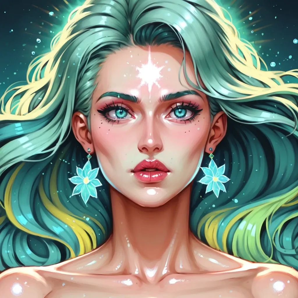 Insanely beautiful and detailed young woman. Magic. Bare-chested naturist, Fully nude. (turquoise Vapor Metallic Ink:1.5), incredible, stunningly beautiful scene, amazing lighting, ethereal fantasy, hyperdetailed mist, HDR, vibrant, surrealism, detailed matte painting, deep color, intricate detail, splash screen, 8k resolution, trending on Artstation, Unreal Engine 5, dark contrasts , digital watercolor, by Thomas Kinkade. intricate motifs : organic tracery : by Android jones : Russ mills : Januz Miralles : Hikari Shimoda : constellations map by W. Zelmer : perfect composition : digital painting : artstation : smooth : sharp focus : sparkling particles