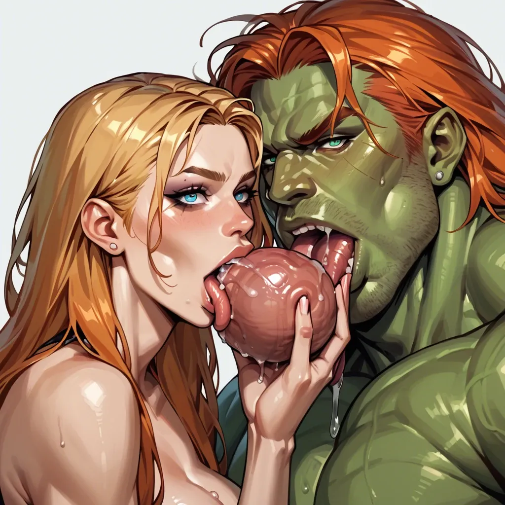 the gigantic Hulk with his gigantic cock and gigantic balls, twin sisters Gwen one with long ginger hair green eyes the other long blonde hair blue eyes both together ball licking ball sucking long tongue blowjob