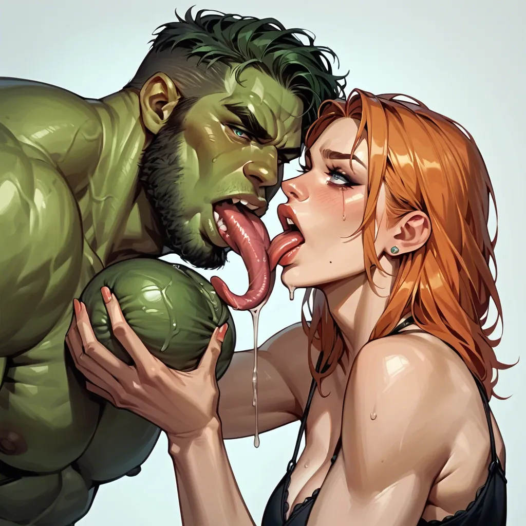 the gigantic Hulk with his gigantic cock and gigantic balls, twin sisters Gwen one with long ginger hair green eyes the other long blonde hair blue eyes both together ball licking ball sucking long tongue blowjob