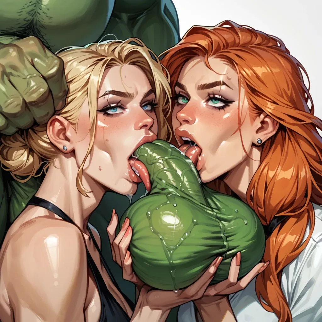 the gigantic Hulk with his gigantic cock and gigantic balls, twin sisters Gwen one with long ginger hair green eyes the other long blonde hair blue eyes both together ball licking ball sucking long tongue blowjob