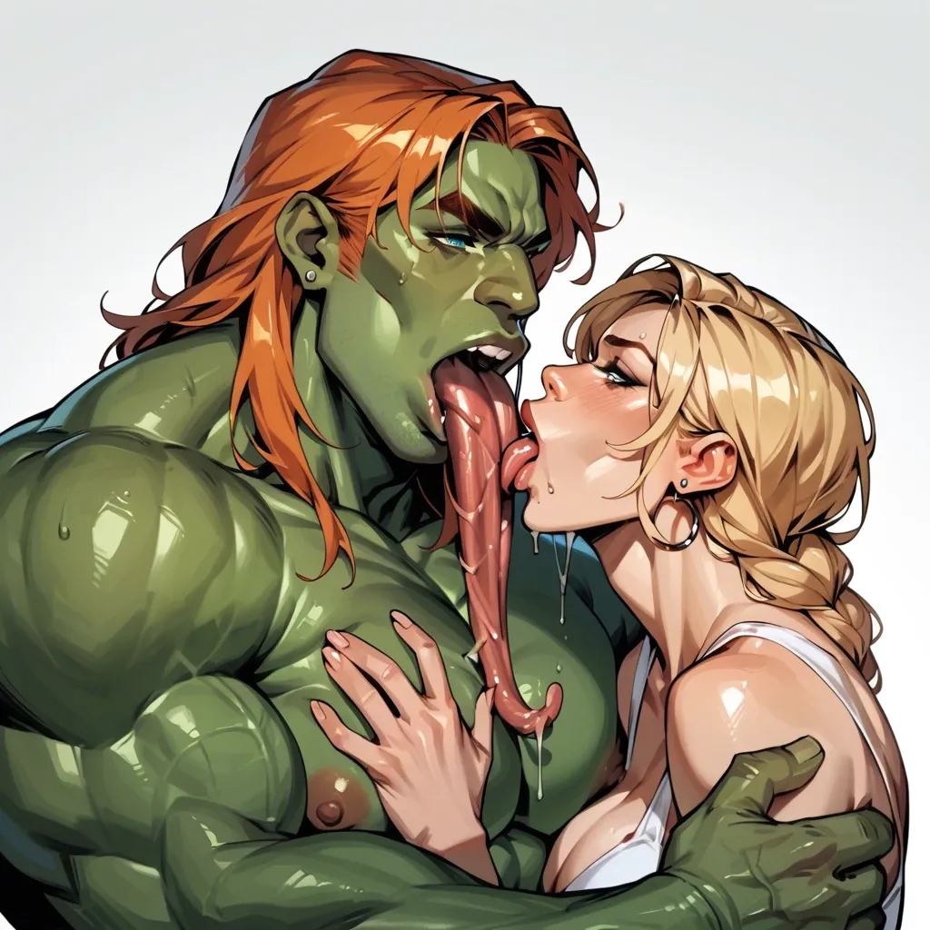 the gigantic Hulk with his gigantic cock and gigantic balls, twin sisters Gwen one with long ginger hair green eyes the other long blonde hair blue eyes both together ball licking ball sucking long tongue blowjob