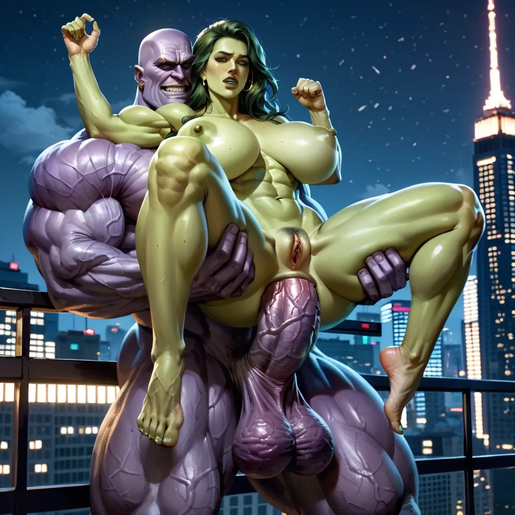 She-hulk, carry sex, Thanos, anal penetration, impossible fit, naked, new york rooftop, night, extreme massive bulging hyper veiny penis bigger than arm, extreme thick hyper girth penis, extreme massive bulging swollen balls