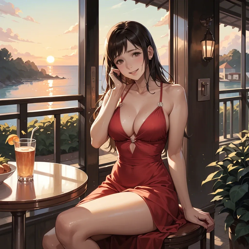 Inko Midoriya, naughty smile, sensual, red dress, cleavage, posing with hands behind her neck, complete body, sit on a terrace of café on Rome, oudoor, sunset, play of shadows, beautiful lighting, subtle pastel tones, 8k