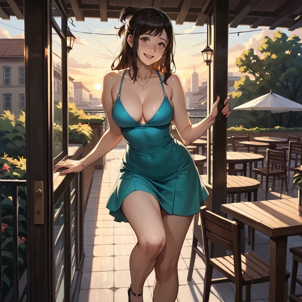 Inko Midoriya, naughty smile, sensual, fucsia dress, cleavage, standing on a terrace of café on Rome, one knee up, oudoor, sunset, play of shadows, beautiful lighting, subtle pastel tones, 8k