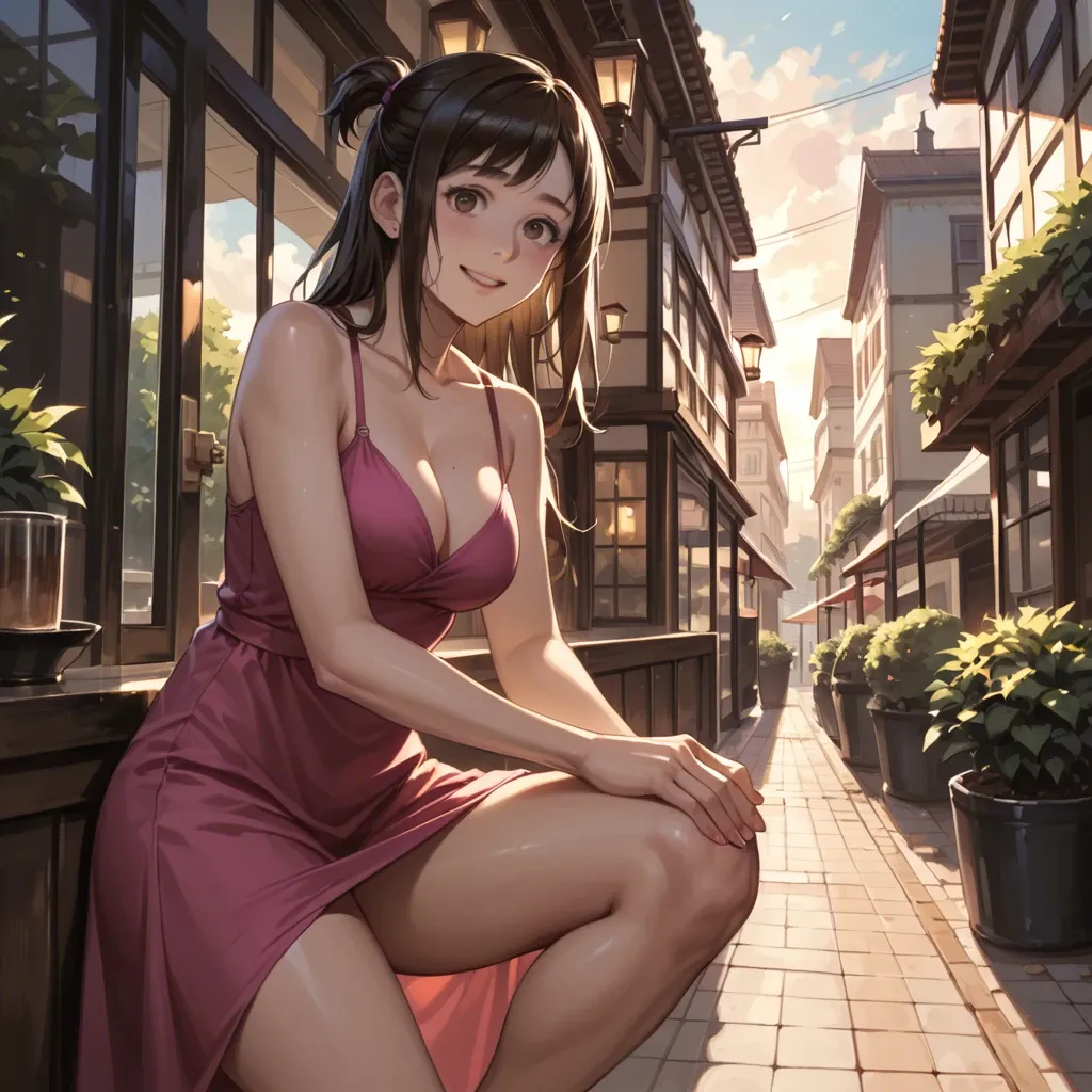 Inko Midoriya, naughty smile, sensual, magenta dress, cleavage, standing on a terrace of café on Rome, one knee up, oudoor, sunset, play of shadows, beautiful lighting, subtle pastel tones, 8k