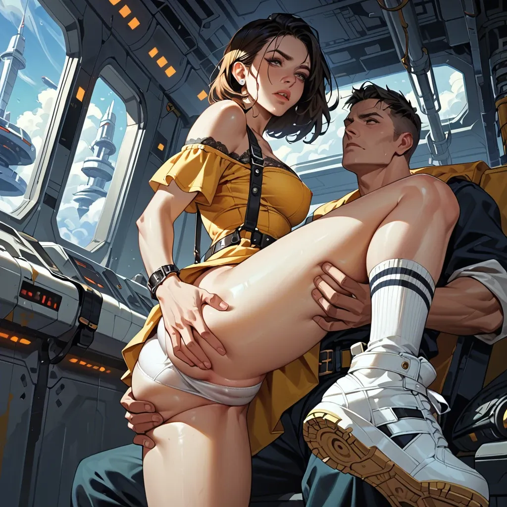 1girl,1boy, , , , high nose,hand on own ass,nipples showing,spaceship,bare shoulder, yellow dress,knee-high socks,belt,white leotard,sneakers, lift skirt,black lace bra,belts,leotard,heels, school, restrained, throne room, edge of bed, wiffle gag, anime coloring, dimples, elsa