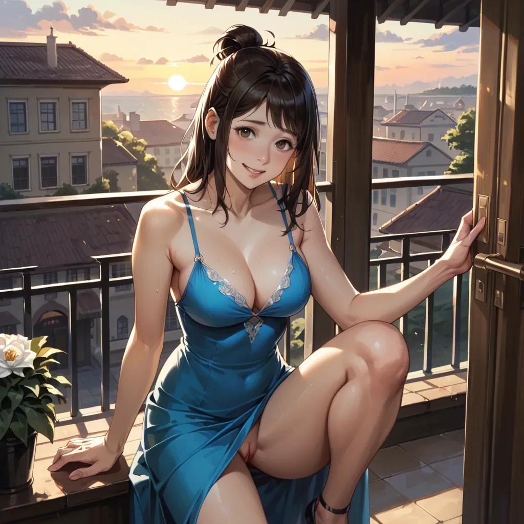 Inko Midoriya, naughty smile, sensual, blue dress, cleavage, standing on a terrace of café on Rome, one knee up, oudoor, sunset, play of shadows, beautiful lighting, subtle pastel tones, 8k