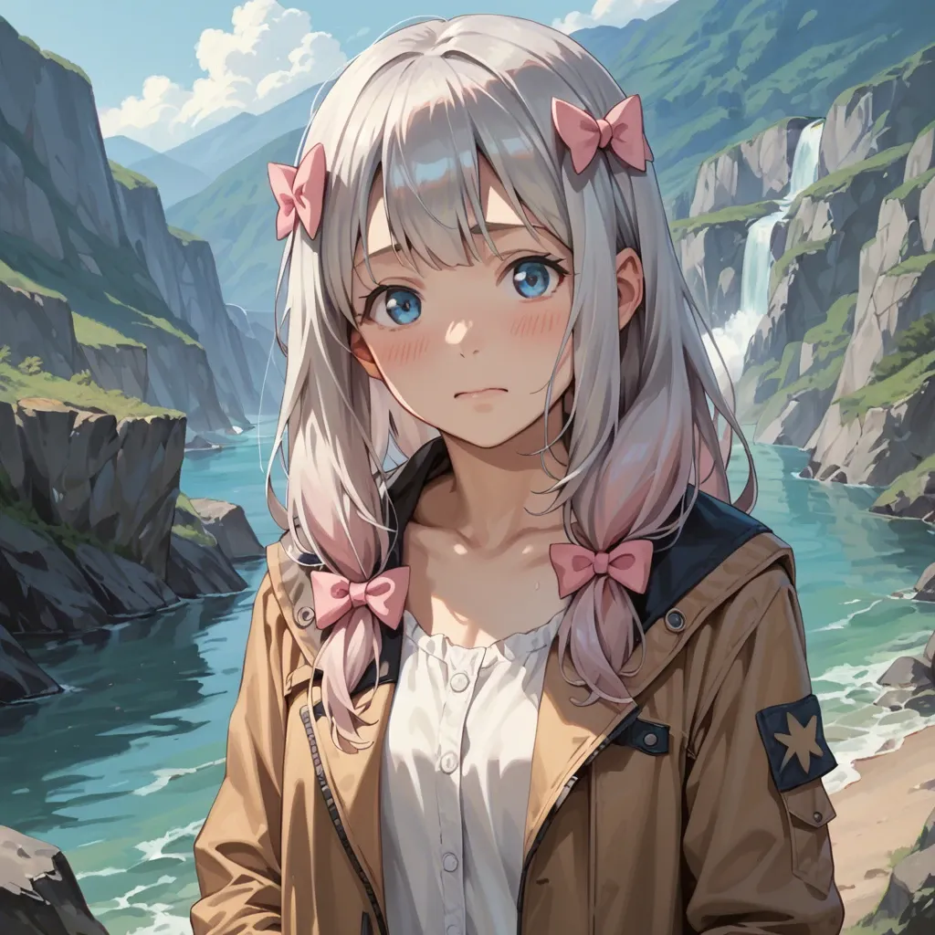 (realistic:1.2),scenery,cowboy shot, 1girl, solo, izumi sagiri, long hair, blue eyes, bow, grey hair, hair bow, blush, looking at viewer, jacket, pink bow, 3:, collarbone, bangs, multicolored hair, long sleeves, gradient hair, clothes tug,1girl,1boy, open mouth,arms spread,large breast,soft breasts,heart necklace, biting lip,footjob,flat chest,bent over table,knee, white sweater,palace,shaped jewelry,string bodysuit,platform heels, blue shirt,white socks,fur hat,bra,black sneakers, palace bedroom, tavern, bedsheet, source cartoon, bright-lit, waifu