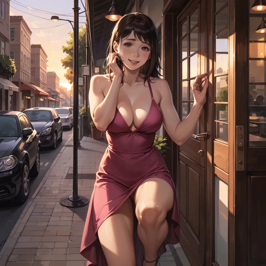 Inko Midoriya, naughty smile, sensual, magenta dress, cleavage, with hands behind her neck, standing on a terrace of café on Rome, one knee up, oudoor, sunset, play of shadows, beautiful lighting, subtle pastel tones, 8k