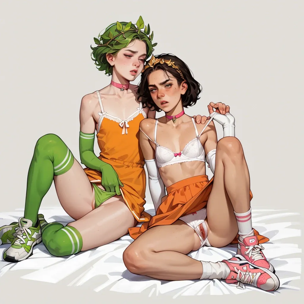 2girl, , , , dimples,hand on panties,flat chest,freckled breast,elbow gloves, shirt pull,anklets,pink choker,green bodysuit,sneakers, orange sundress,knee-high socks,laurel crown,white bra,heels, bedroom, piledriver, spaceship, obedient, samus, heart dynamics