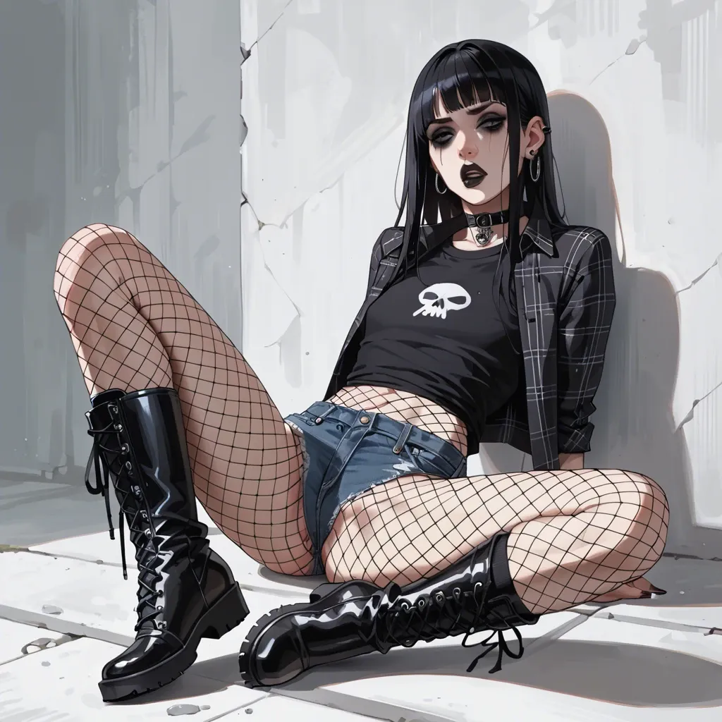 1girl, solo, goth, black makeup, plaid shirt, fishnet pantyhose, denim pants, black long socks, flat chest, medium breast, high boots