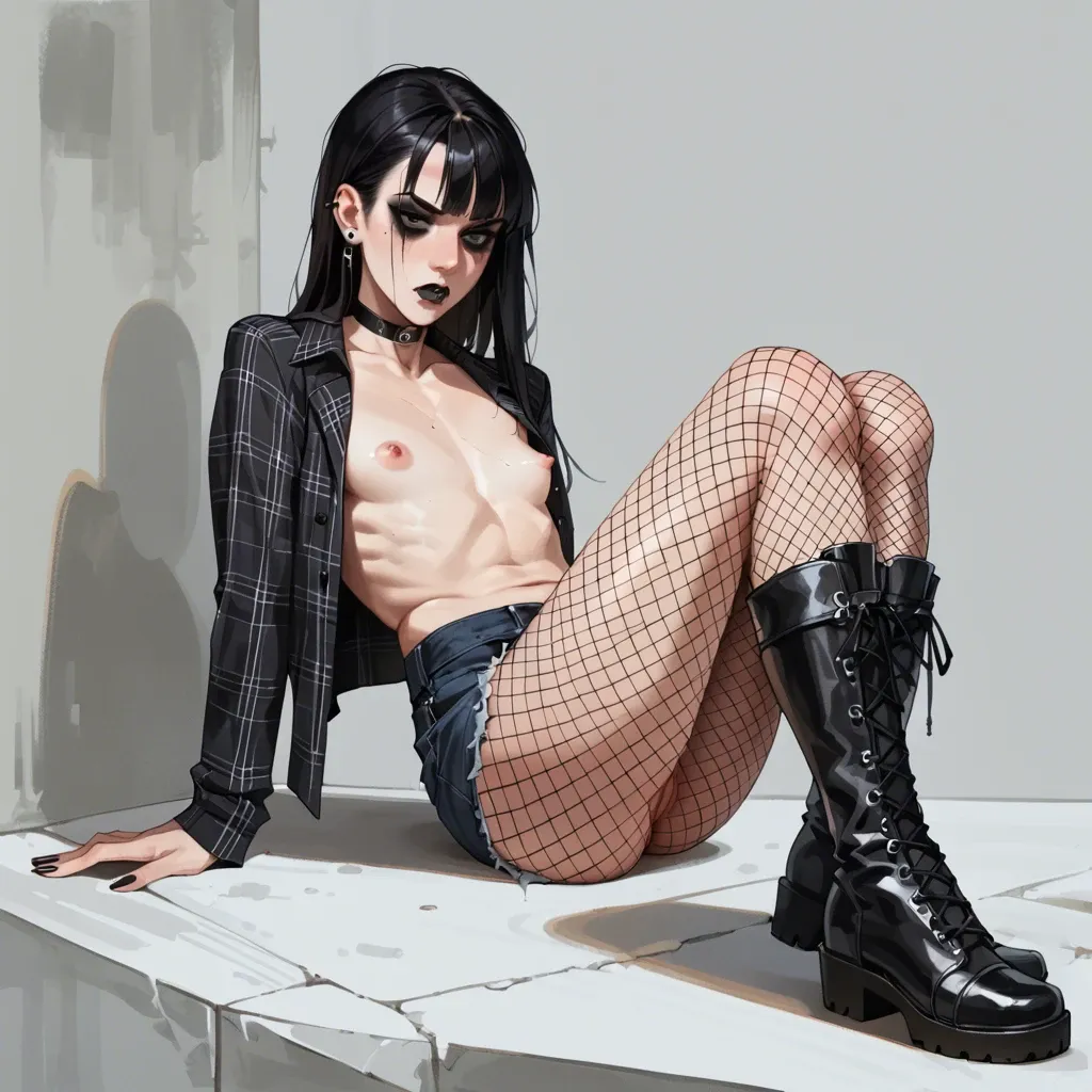 1girl, solo, goth, naked, black makeup, plaid shirt, fishnet pantyhose, denim pants, black long tights, flat chest, medium breast, high boots