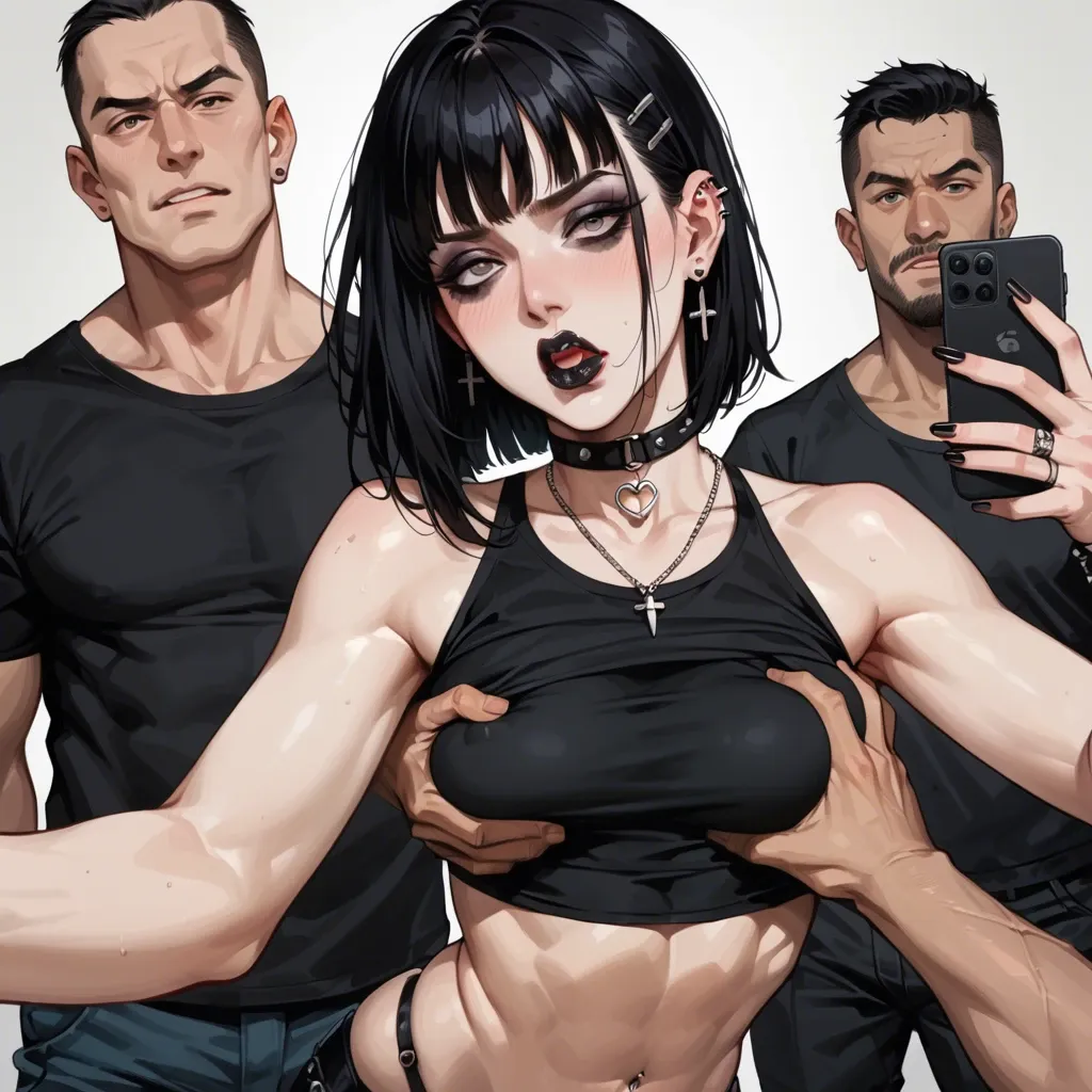 Goth woman in black crop top, selfie pose while being groped by multiple men