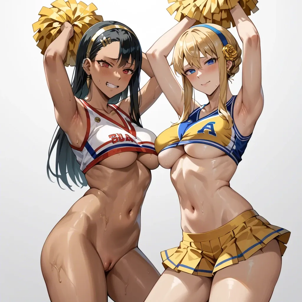 2girls , hayase nagatoro, yor briar, arms up big breasts black hair blonde female blonde hair blue eyes cheerleader cheerleader outfit cheerleader uniform chocolate and vanilla dark skin dark-skinned female female female focus female only hair over one eye halo large breasts light skin light-skinned female long hair looking at viewer midriff navel no bra pom poms skirt slim waist smile thigh strap thighband thong underboob visor cap