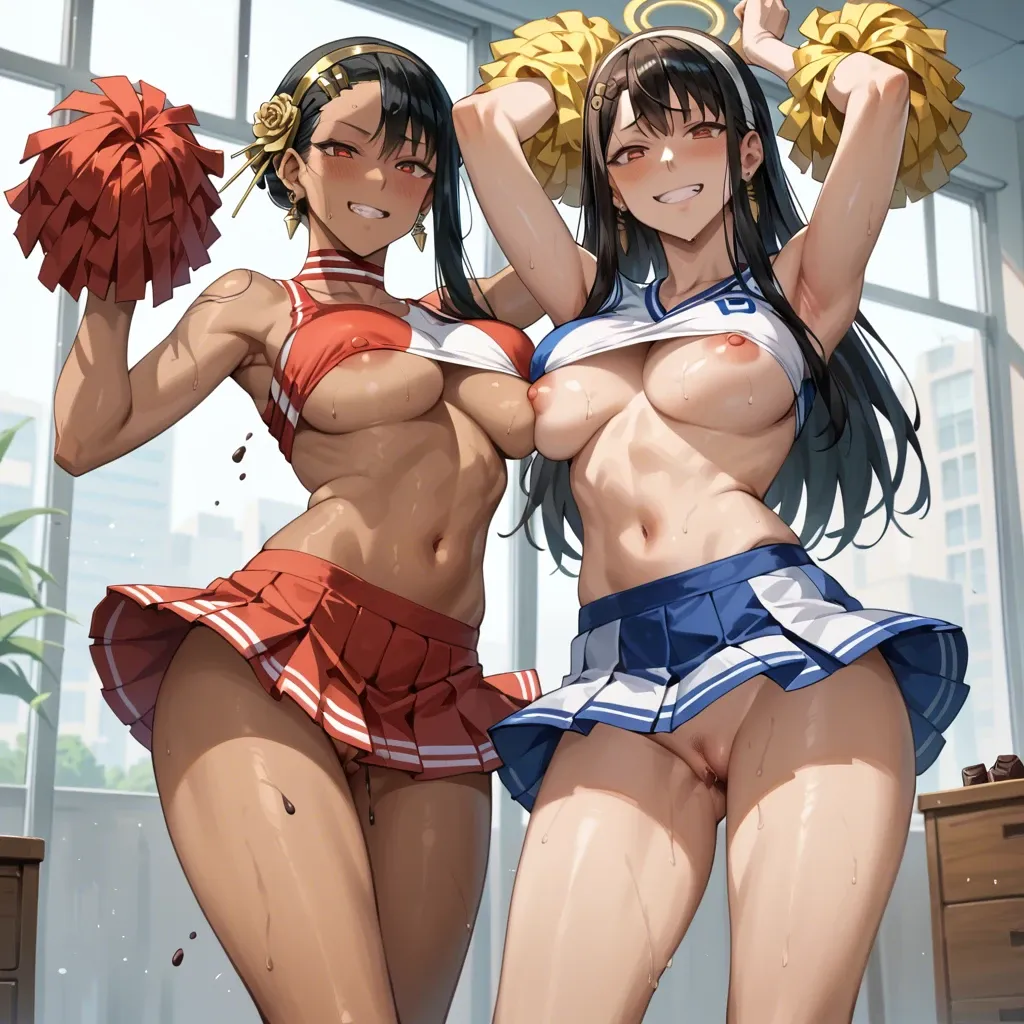 2girls , hayase nagatoro, yor briar, arms up big breasts cheerleader cheerleader outfit cheerleader uniform chocolate and vanilla dark skin dark-skinned female female female focus female only hair over one eye halo large breasts light skin light-skinned female long hair looking at viewer midriff navel no bra pom poms skirt slim waist smile thigh strap thighband thong underboob visor cap oiled up, threesome, dickriding, dick in pussy