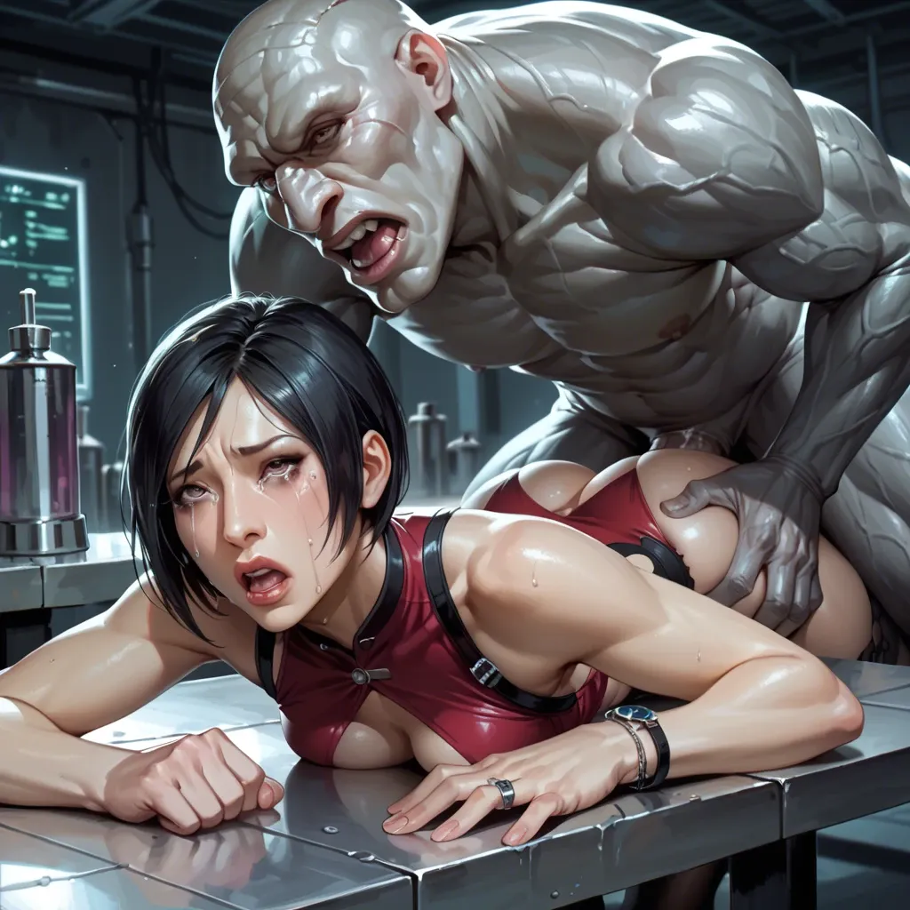 Dark laboratory, Ada Wong, Tyrant, anal sex, ruin clothes, stokings, running make up, tears, on belly, on table,