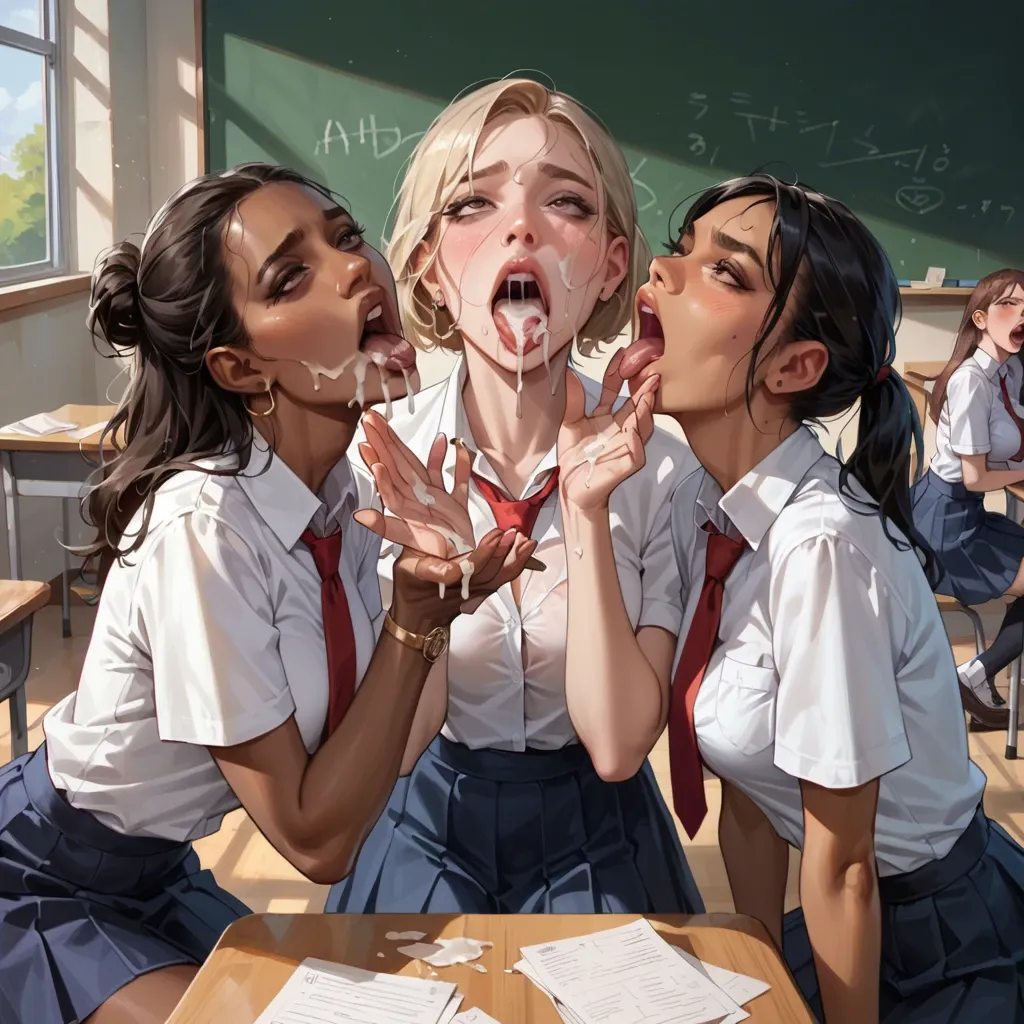 3girls, 1african, skinny, ahegao, open mouth, wide mouth, cum, cum in mouth, cum on tits, cum on face, cum on hands, skirt, location school classroom, 1indian, skinny, ahegao, open mouth, wide mouth, cum, cum in mouth, cum on tits, cum on face, cum on hands, skirt, location school classroom, 1white, skinny, ahegao, open mouth, wide mouth, cum, cum in mouth, cum on tits, cum on face, cum on hands, skirt, location school classroom, anorexia, 0 size tits, flat chest, flat booty, slim waist, ahegao cum, ahegao face, full of cum