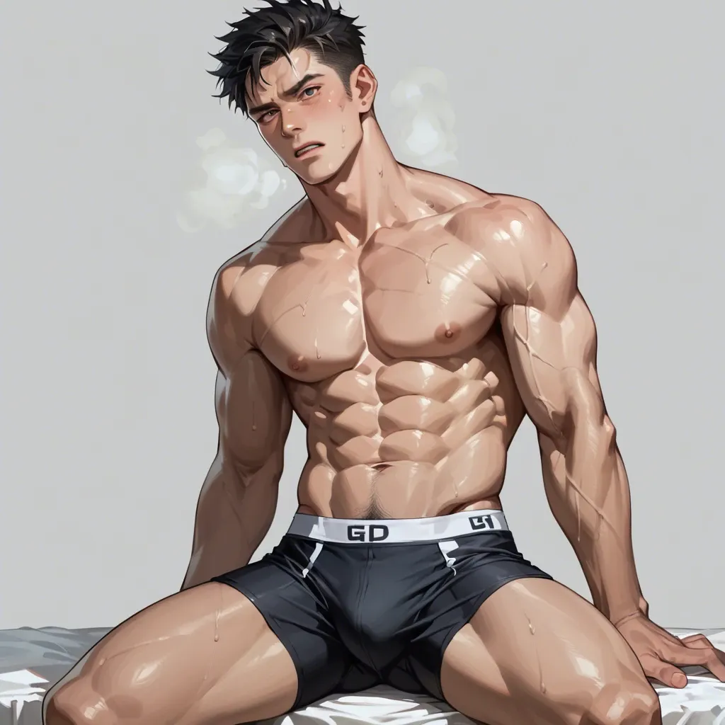 anime guy with a pumped-up body in black boxer briefs