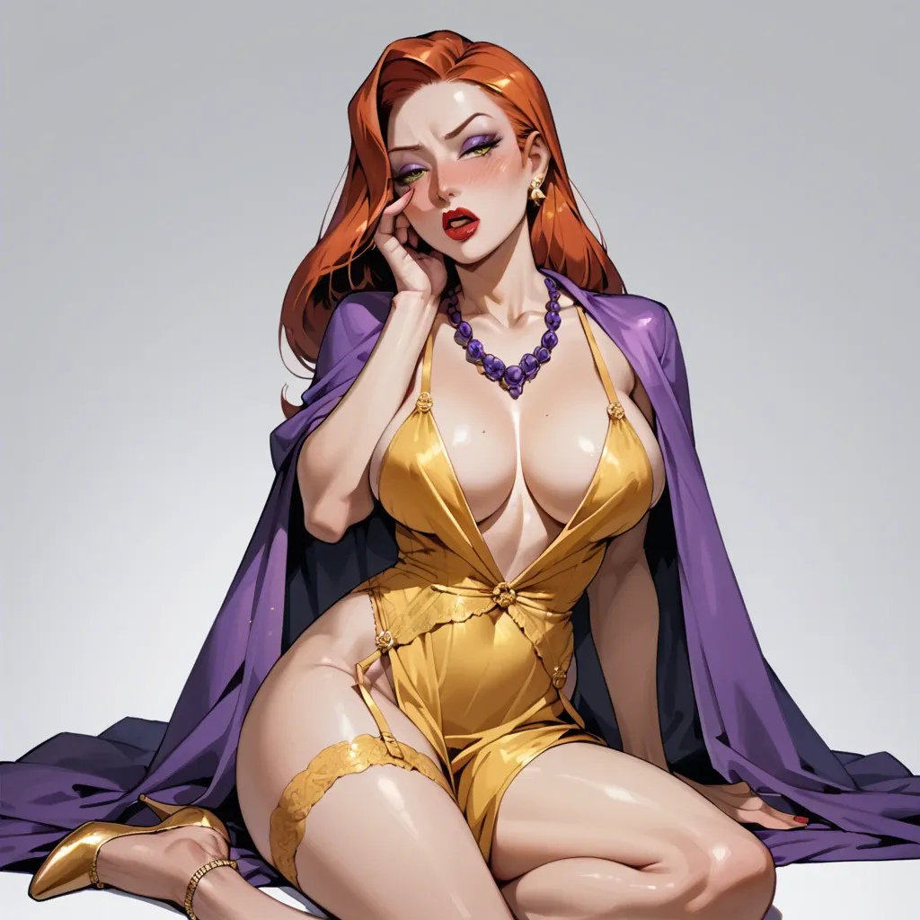 1girl,solo, , , , nose blush,hand on face,large boob slip,jessica rabbit,purple necklace, silk gown,gold anklets,veil,lingerie,shoes, yellow tank top,garter belt,cape,undersized bra,thigh boots, uniform,white pantyhose,bridal veil,teddy,black boots, living room, is daphne blake, lara croft, anna, waifu