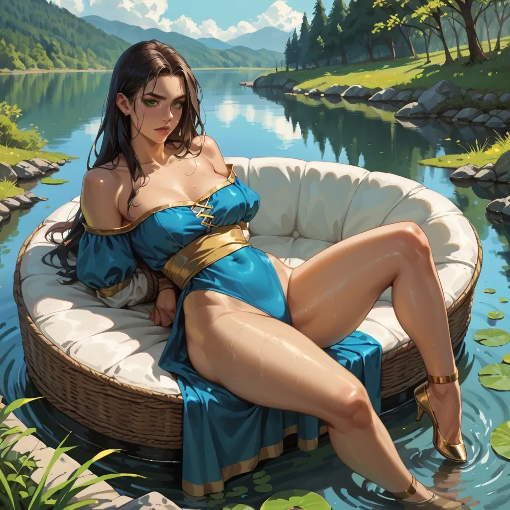 2girl, , , , green eye color,thick thighs,round big tits,from waist up,off-shoulder, blue dress,gold anklets,tied up,low rise thong,ballet shoes, sit on a couch, bathing in lake, medieval theme, detached collar, spider-gwen, hatsune miku