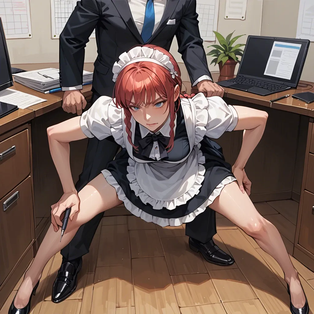 1girl1boy,,,,,,,,makima, blue eyes, crowded office,maid outfit, makima,standing,bending over picking up pen from floor,straight legs,spread legs,