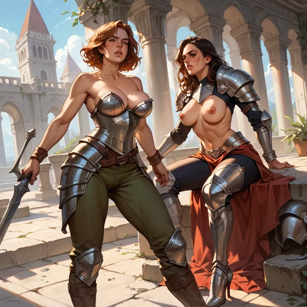 2girl, , , , freckled breast,knee,lips on nipple,silicone breasts,wide shoulders, slip,armour,hard nipple,clenched waist,shoulder, perfect nose,stiletto heels,perky breasts,look back,wrist cuffs, pants down,palace,circle glasses,sports bra,platform heels, blake, medieval prison, close camera, desk, mario and luigi, rapunzel waifu, waifu