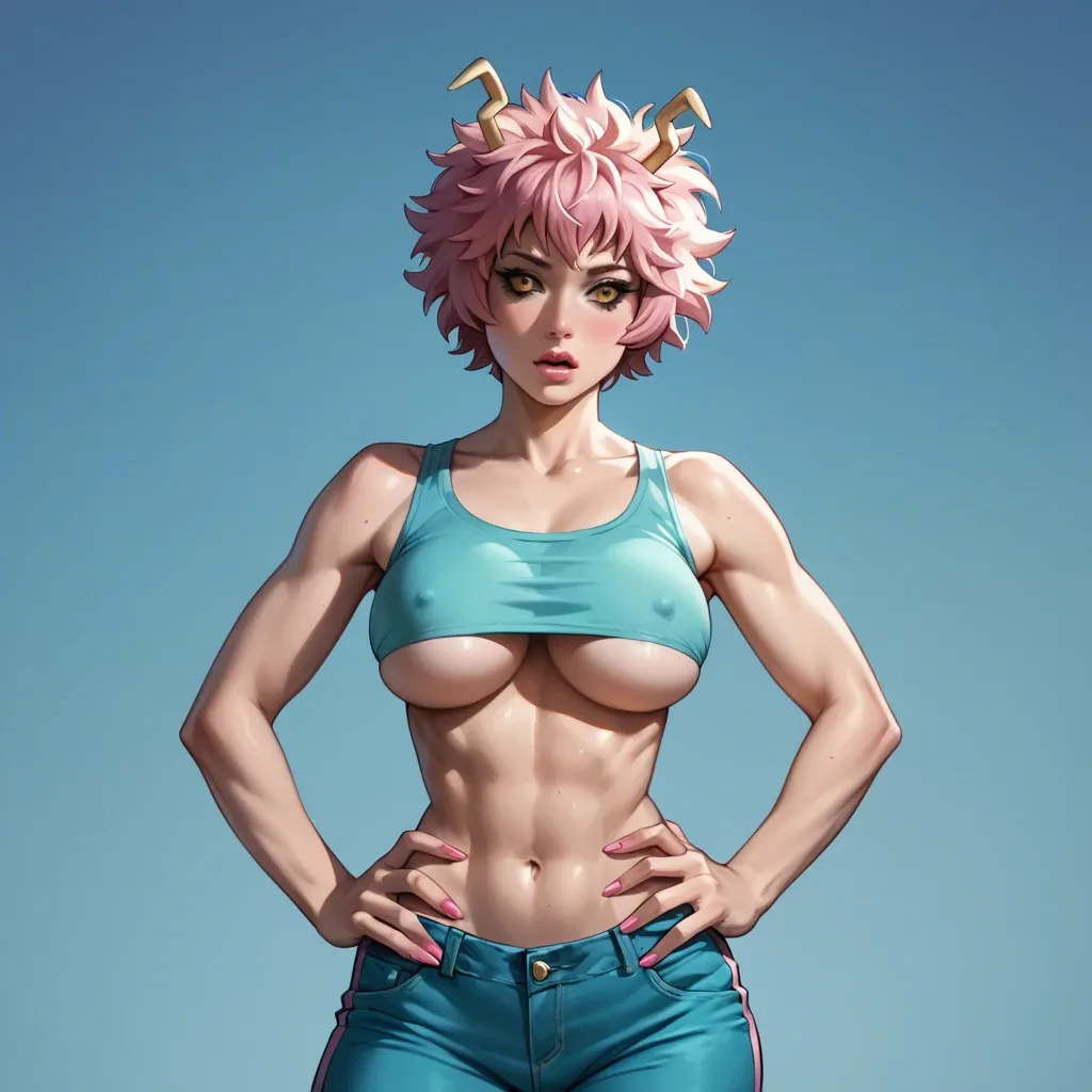 mina ashido, fully clothed, bimbo, slut, slim waist, hands on hips, underboob