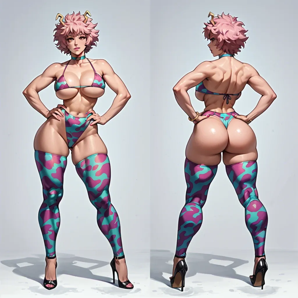 mina ashido, full costume, bimbo body, slutty, rounded breasts, rounded ass, thicc thighs, high heels, super horny, slim waist, hands on hips, underboob