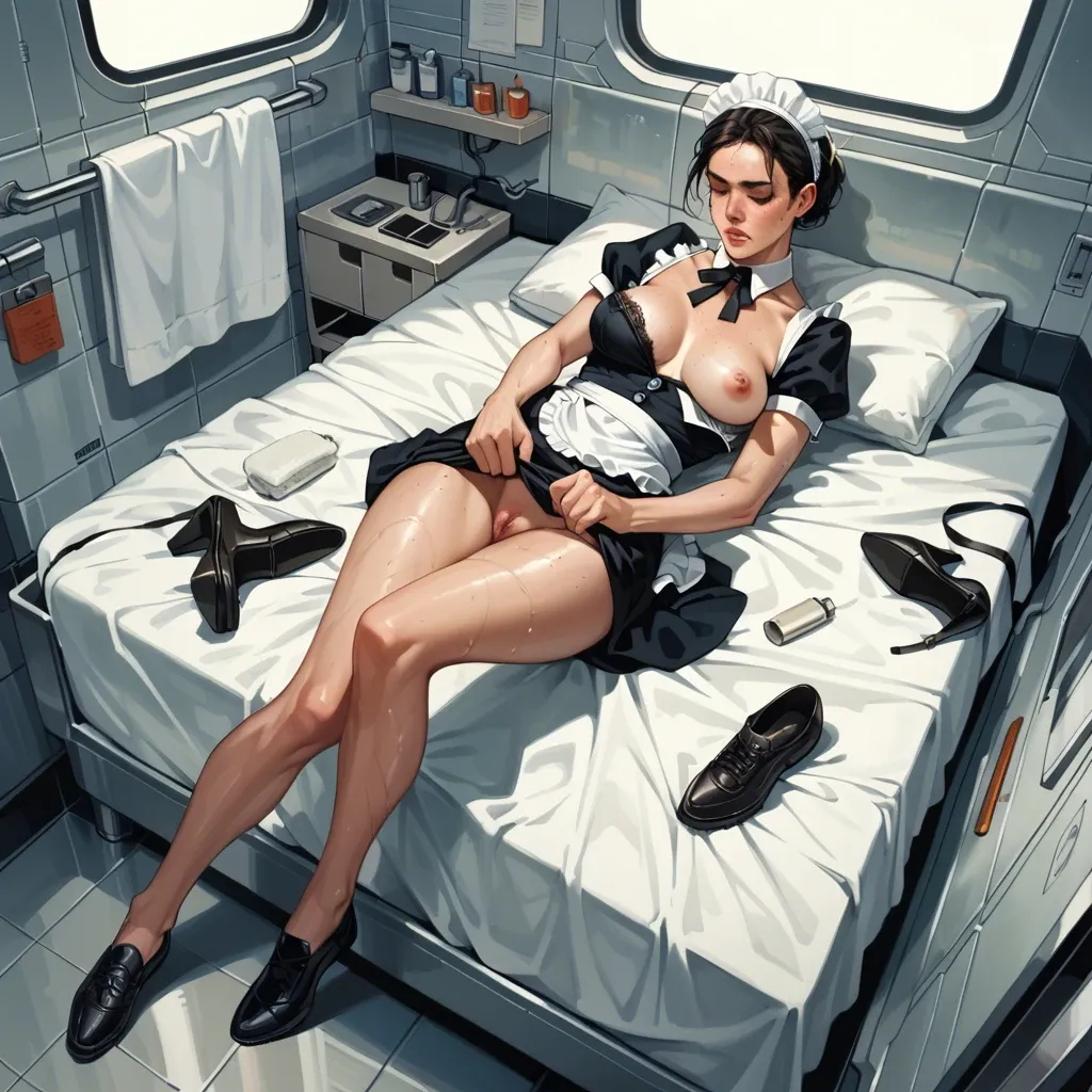 1girl,solo, , , , freckles,thigh-high,one nipple out,hips grab,standing males, dress,lace,maid hat,pull wet bra,running shoes, bathroom stall, trained, spaceship, leather bondage, lying on bed, western cartoon, bright lighting, moana, waifu