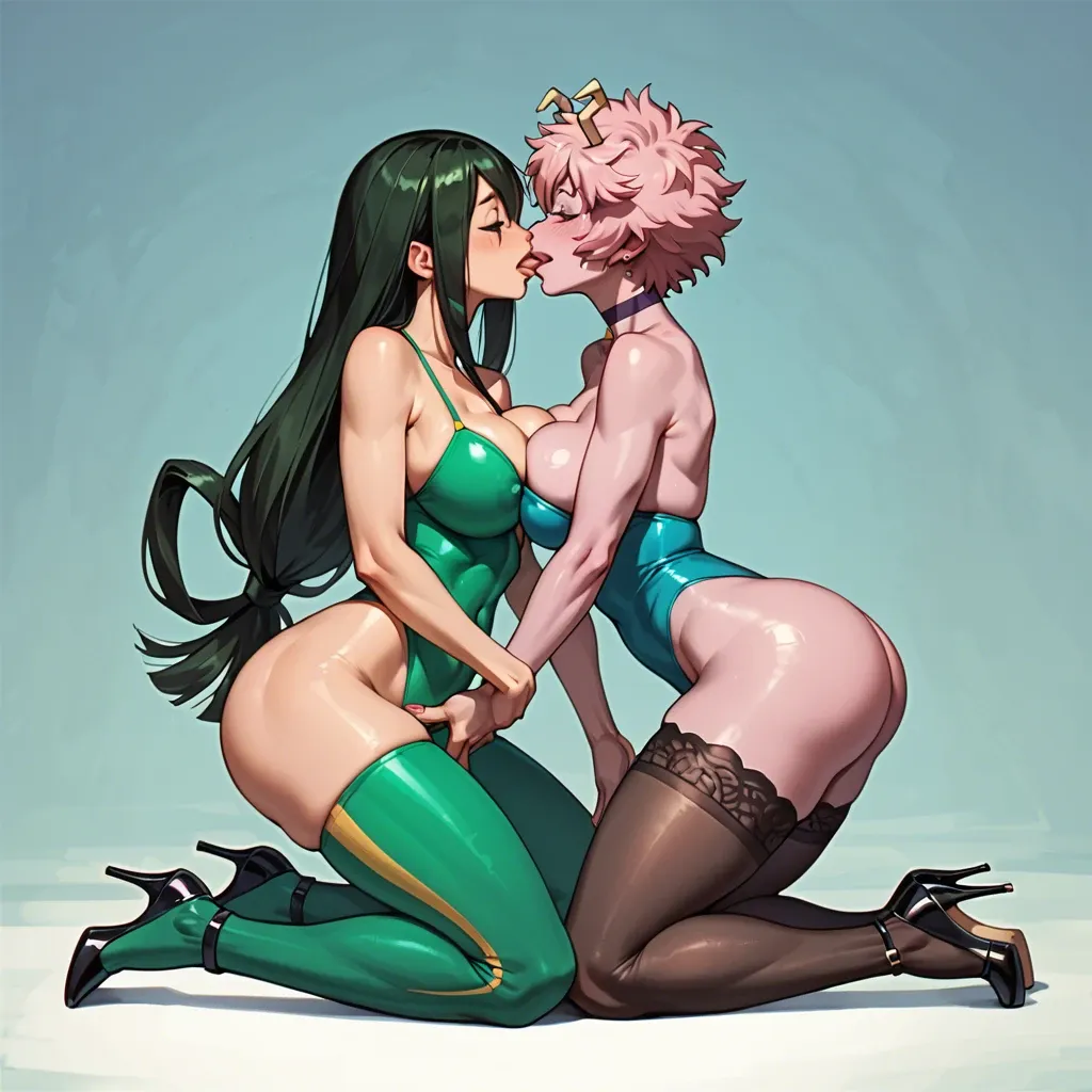 2 girls, Mina Ashido, Tsuyu Asyi, nakedin tights, bimbo body, smiling, rounded breasts, rounded ass, thicc thighs, high heels, lesbian kiss, slim waist, kneeling, fingering pussy