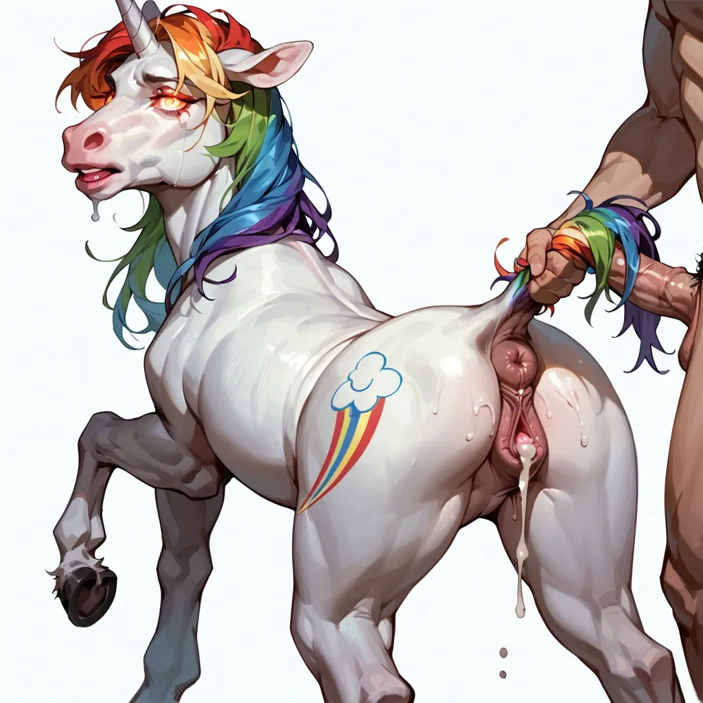 Feral mare, equine pussy, cum drip,  tail grab, vaginal penetration, human cock, animal pussy, unicorn, rainbow, glowing eyes,