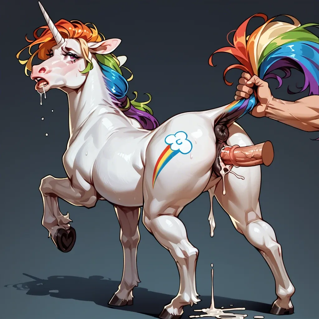 Feral mare, equine pussy, cum drip,  tail grab, vaginal penetration, human cock, animal pussy, unicorn, rainbow,