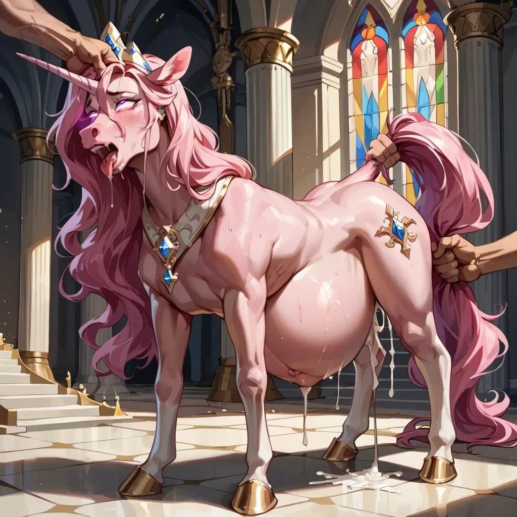 Feral mare, equine pussy, cum drip,  tail grab, vaginal penetration, human cock, animal pussy, unicorn, rainbow, glowing eyes, ahegao, pregnant,divine castle, pink fur, view from back,