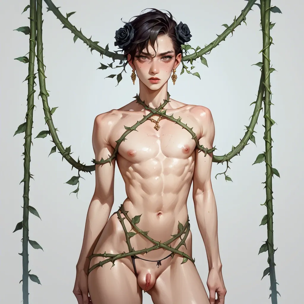 a sensuous, androgynous figure posing provocatively against the backdrop of elegant black roses, whose petals strategically cover the intimate parts of the body. Intricate thorny vines wrap around the figure, emphasizing slender lines and smooth curves.,1boy, otoko no ko, crossdressing, trap, androgynous, penis, testicles, yaoi, bulge, male focus