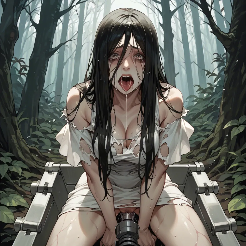 Sadako in ripped white dress crying sex machine masturbation in dark forest