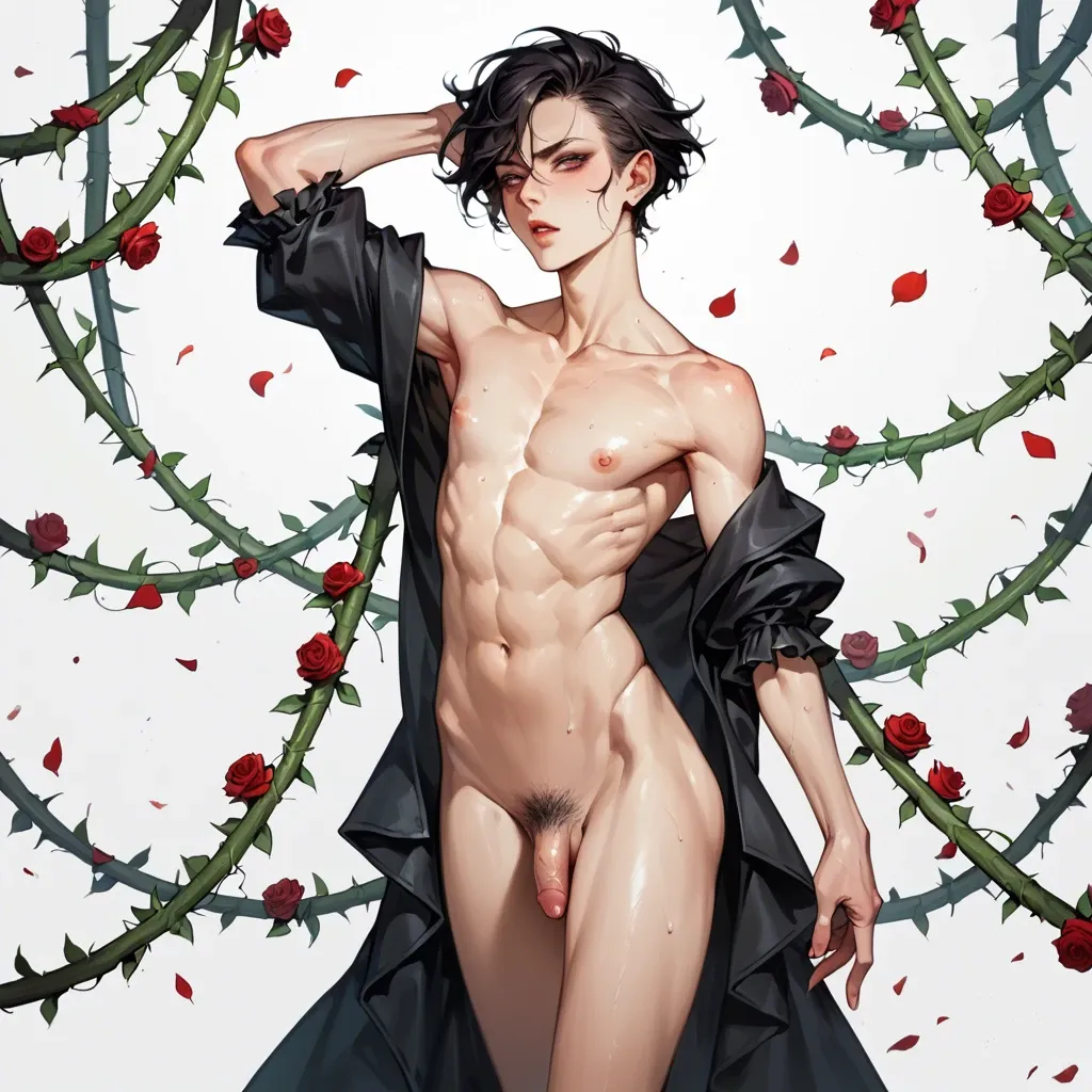 a sensuous, androgynous figure posing provocatively against the backdrop of elegant black roses, whose petals strategically cover the intimate parts of the body. Intricate thorny vines wrap around the figure, emphasizing slender lines and smooth curves.,1boy, otoko no ko, crossdressing, trap, androgynous, penis, testicles, yaoi, bulge, male focus