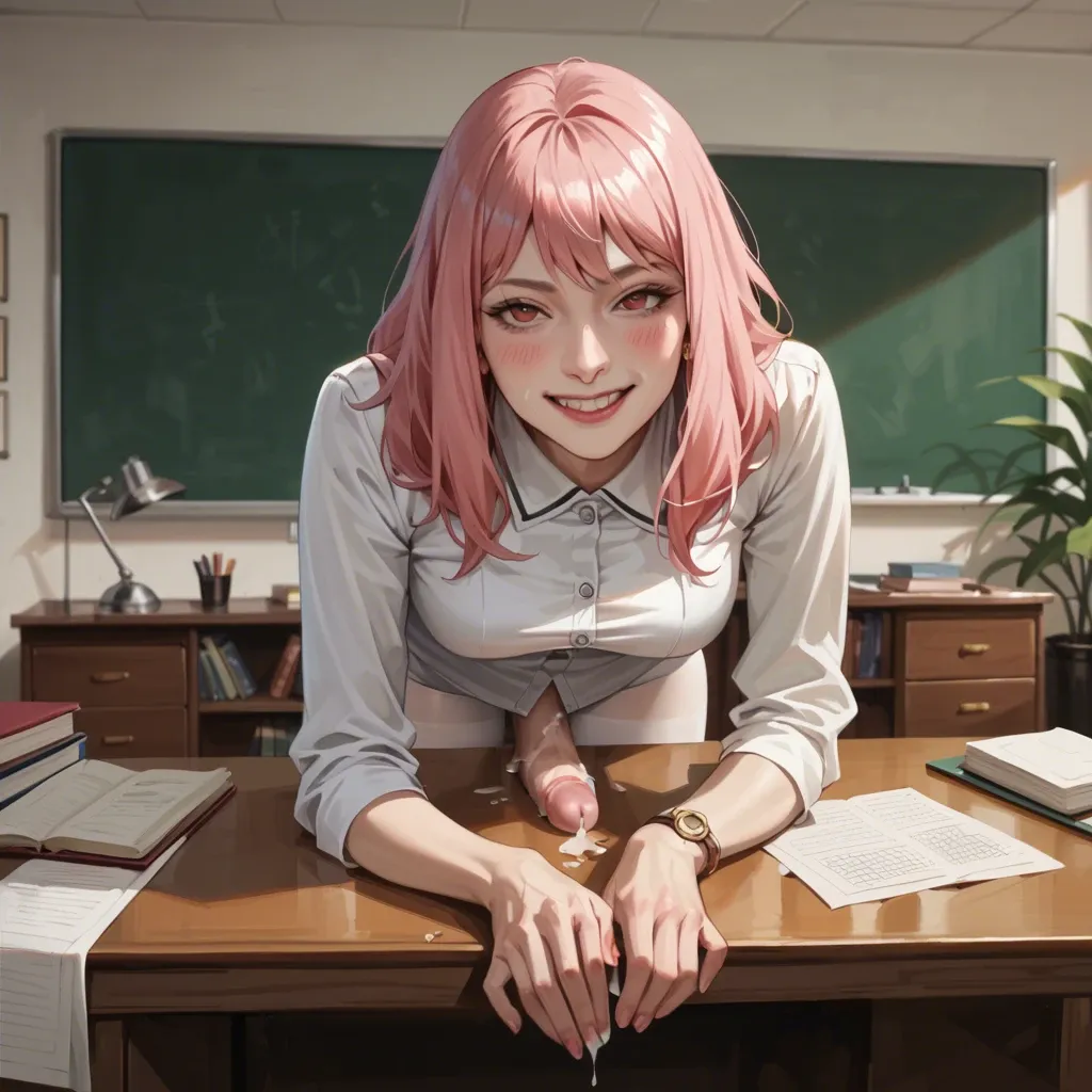 realistic,fully detailed,accurate human anatomy,Anya from Spy Family, white pantyhose, bending over, blushing, slight smile,limp penis, after sex,, she leans on a desk, writing room