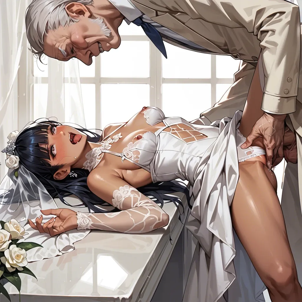 detailed,sexy bride,petite,detailed dark-skinned latina,bride-hair,old man fingering,sexy dress,leaning against table,dress lifted,white panties and stocking,blushing ahegao,side view,spit on chest, detailed