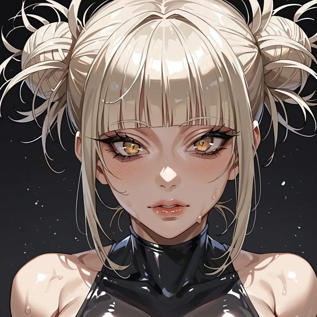 Character himiko toga, (perfect face: 1,1), beautiful eyes, white hair,(dark skin: 1,2), in a black latex suit, hands, front view, no addition limbs