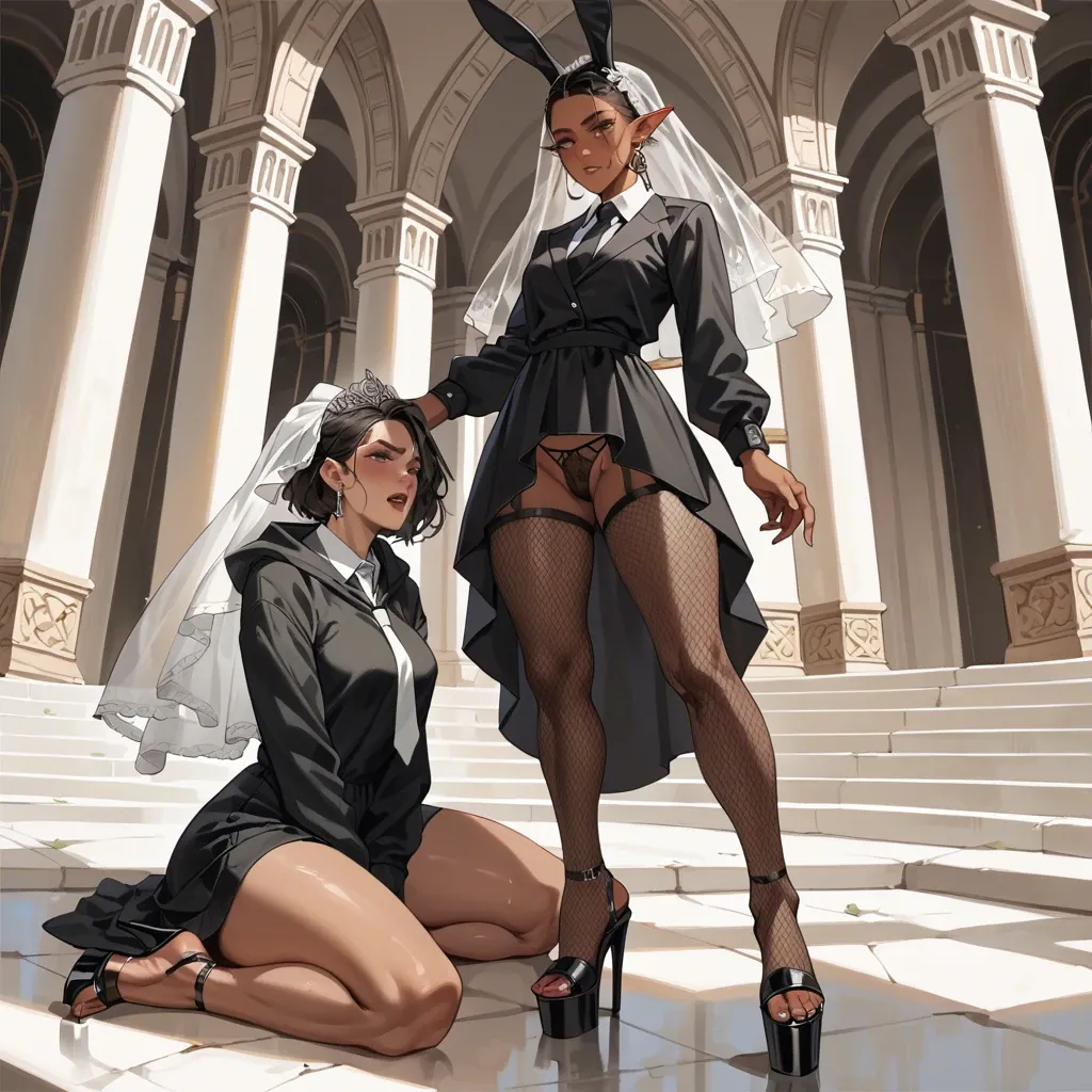 2girl, , , , facial freckles,hooves feet,round tits,rabbit tail,a tanned girl, sweatshirt,fishnet thighs,bridal veil,cotton panties,platform heels, black dress,elf palace,necktie,black bodysuit,sneakers, purple dress,pantyhose,sailor hat,wet panties,heels, school bathroom, sparkle, phone exposure, realistic photo, bright, 2b, johanna