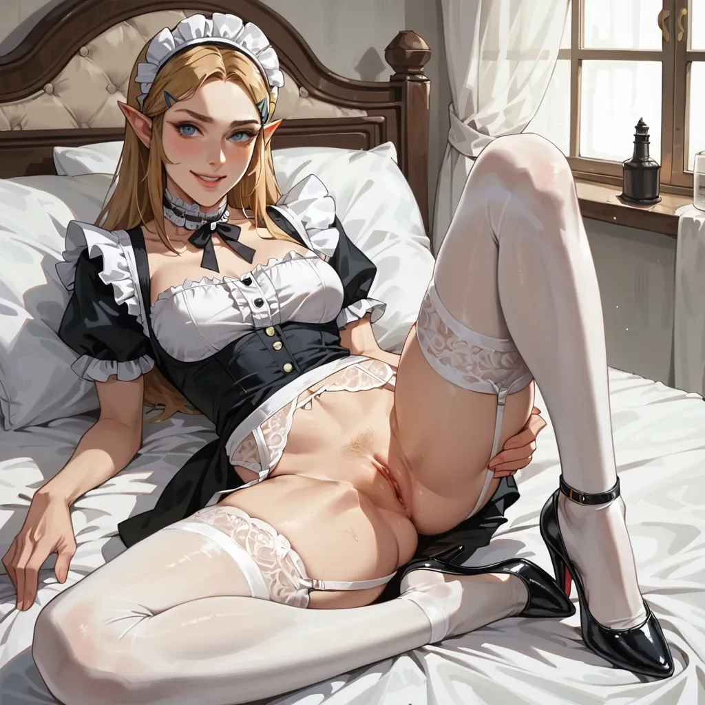 1girl, solo, lying on bed, bedroom, zelda, maid outfit, white stockings, black ankle strap heels, lace collar, smiling seductively, garter belt, pussy focus