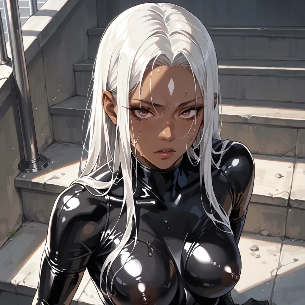 1girl, solo, (Character horikita), (perfect face: 1,3), (beautiful eyes), white hair,The forehead is open, (dark skin: 1,2), all in a black latex suit, goes down the stairs