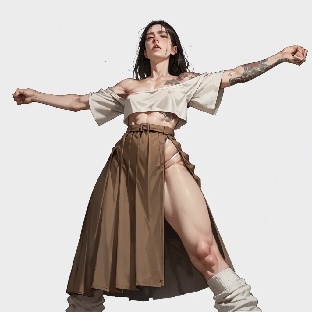 1girl,solo, , , , outstretching,armored,saggy boobs,clenched waist,white pale skin, touching body,arm tattoos,hard nipple,low perspective,off shoulder, brown skirt,baggy socks,highleg panties,open torn bra,black boots, undress,knee-high socks,golden necklace,blue bra,platform heels, office man, crowded street, cyberpunk, bedroom, spider-gwen, miku hatsune